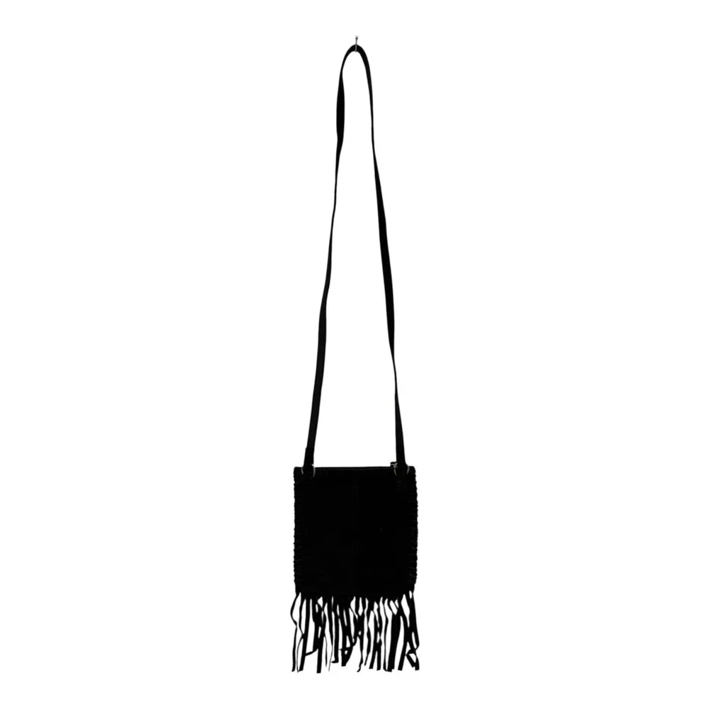 Fossil Crossbody Purse Black Suede Animal Print Fringe‎ Inside Zipper Pocket